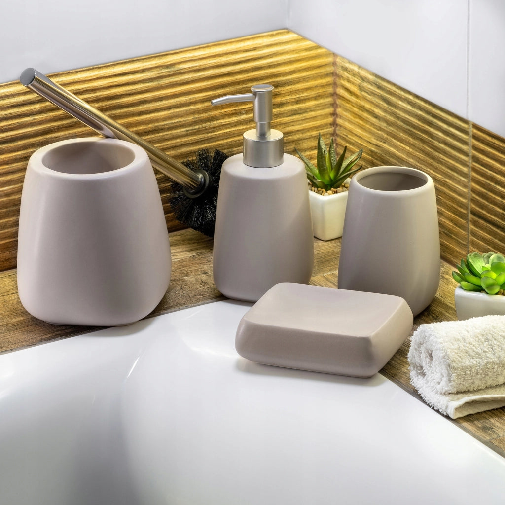 Set da bagno KADAX, set da bagno con dispenser di sapone, spazzolino e bicchiere, beige, 3 in 1