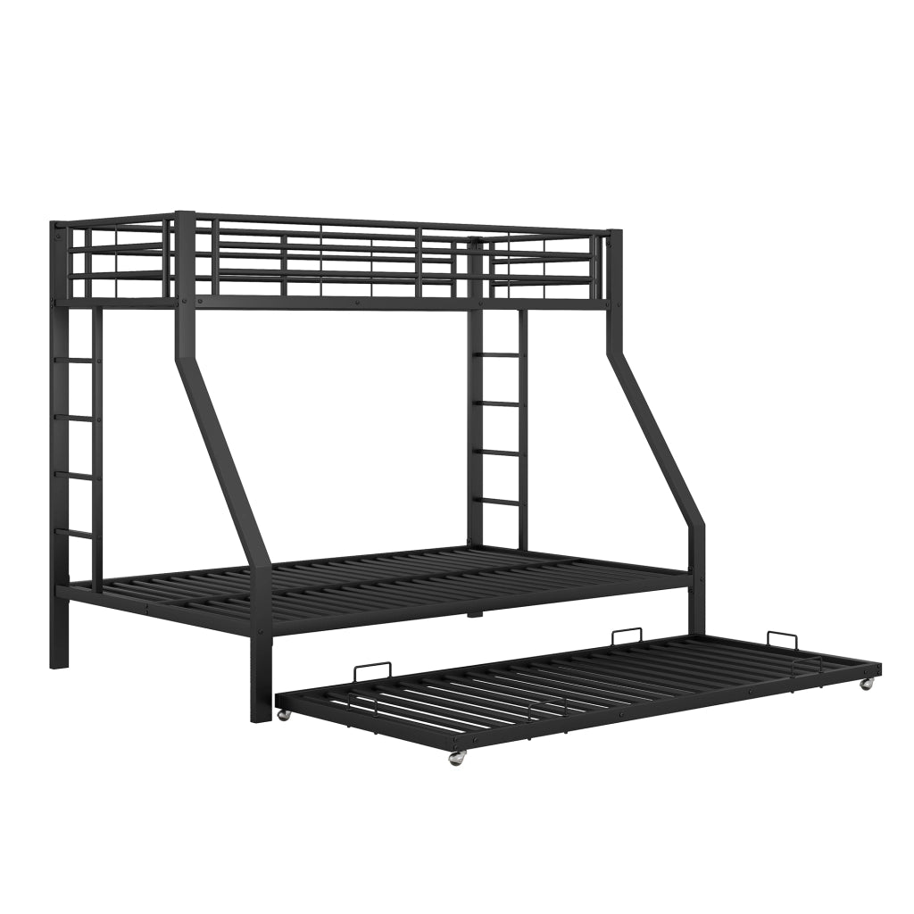 OKWISH Letto a Castello 90×200 cm e 140×200 cm, Letto 3 Posti con Letto Estraibile, 2 Scale e Sponde, senza Materasso, in Metallo, Nero