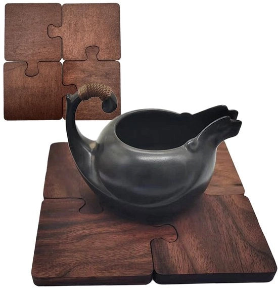 Set di Sostegni in Legno e Vetro, 4 pezzi, Forma Quadrata, Colorazione Chiara Legno, Resistente al Calore, Facili da Pulire