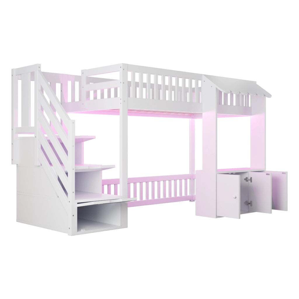 Letto a soppalco 90x200 cm con scale contenitore e luci multicolore; bianco