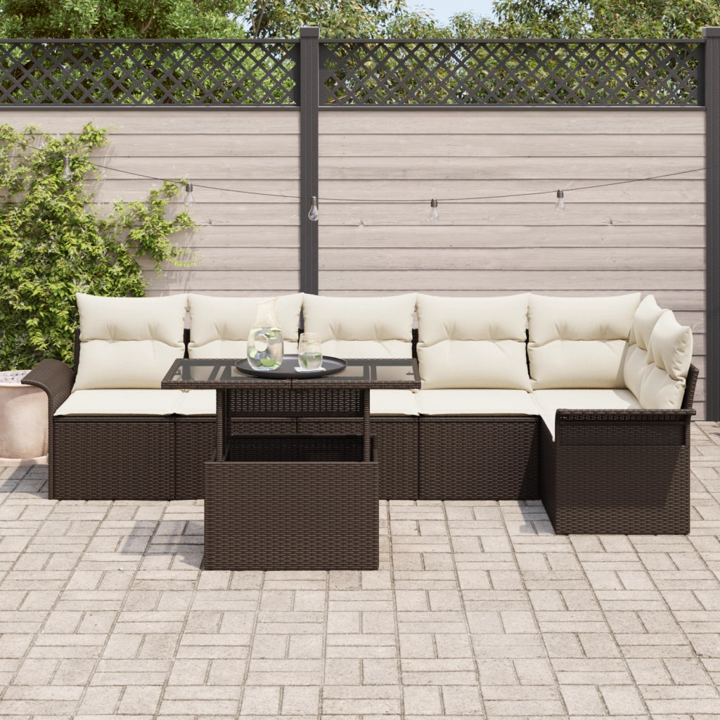 Set Divano da Giardino a 7 Pezzi con Cuscini Marrone Polyrattan