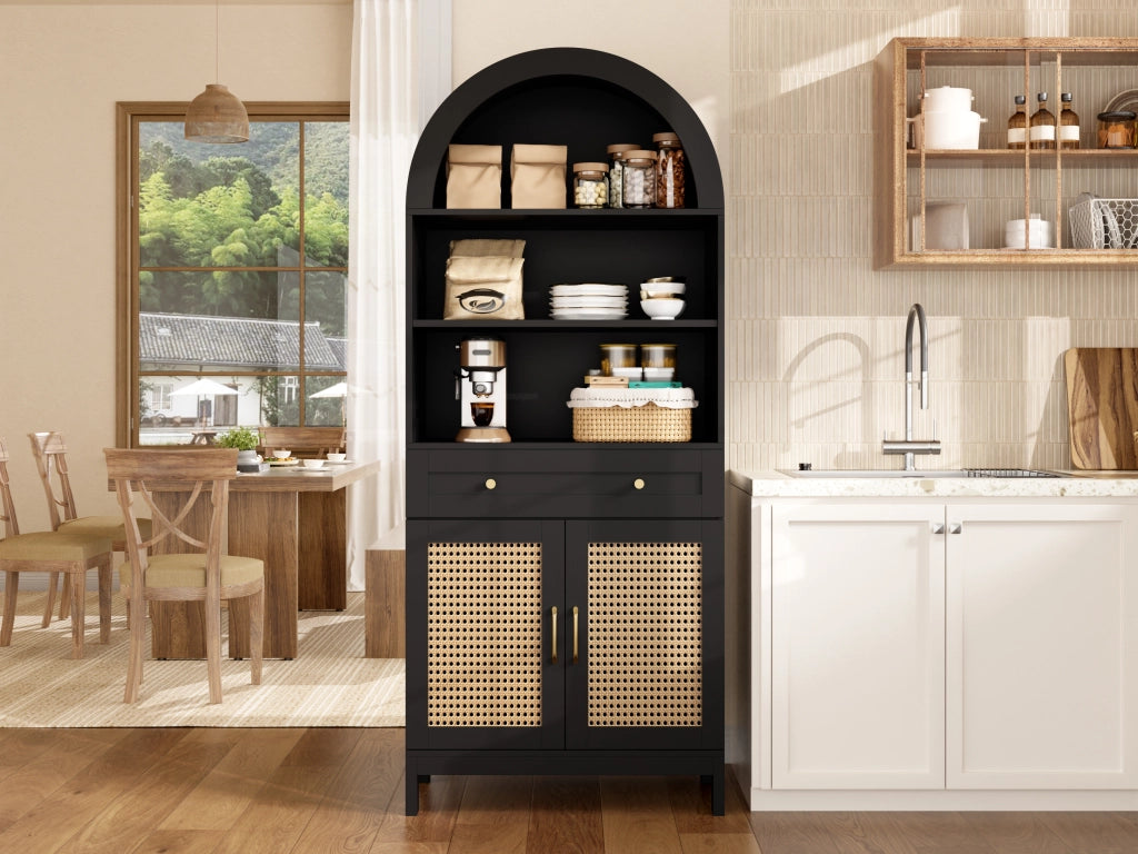 Credenza moderna con 3 vani aperti, 1 cassetto e 2 ante, anti-ribaltamento, per soggiorno, nero, 70 × 40 × 170 cm