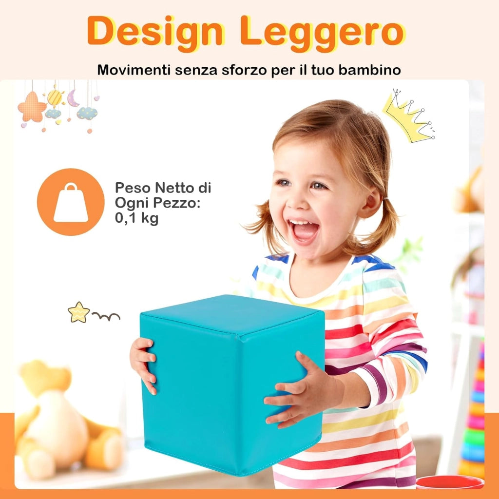 Set di 12 Blocchi da Costruzione in Schiuma EPE, Cubi Colorati 14 x 14 cm con Copertura in Finta Pelle Impermeabile, Blocchi Morbidi per Bambini per Impilare e Arrampicarsi (Rosso e Giallo)