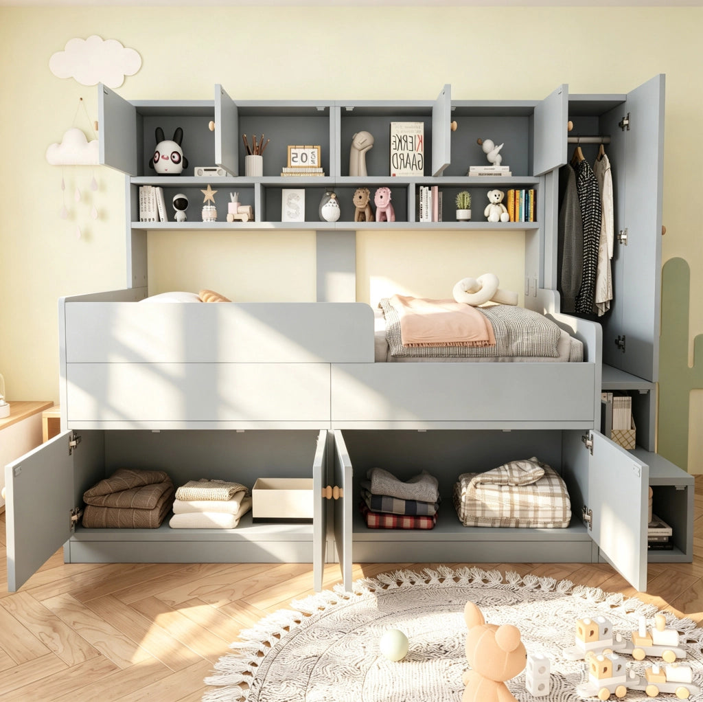 Letto a soppalco per bambini 90x200 cm con armadio; vani contenitore; LED e barriera; grigio