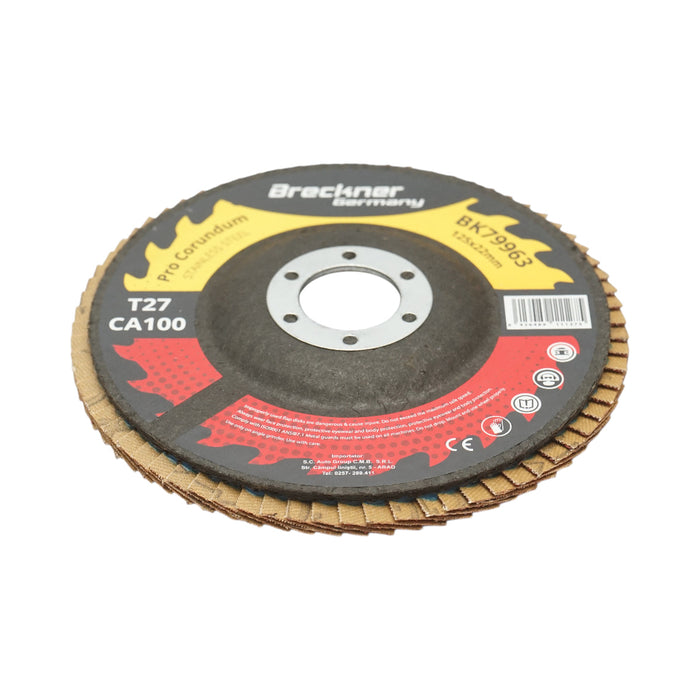 Disco lamellare abrasivo al corindone T27 CA100, 125x22mm per la levigatura/lucidatura di acciaio inossidabile e metallo Breckner Germany