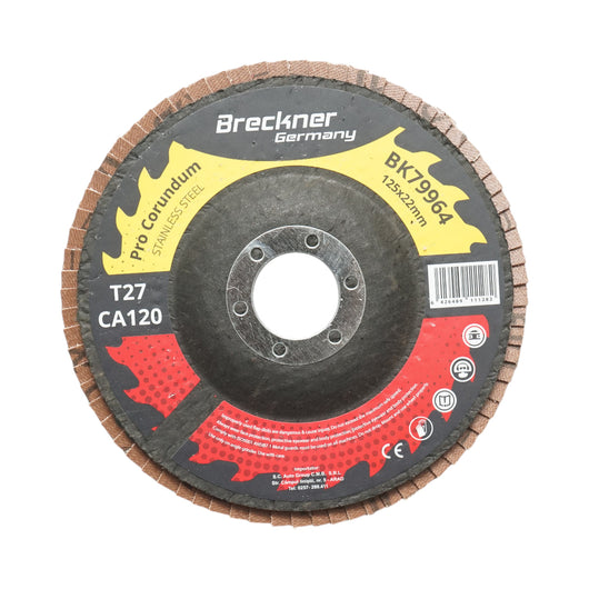 Disco lamellare abrasivo al corindone T27 CA120, 125x22mm per la levigatura/lucidatura di acciaio inossidabile e metallo Breckner Germany
