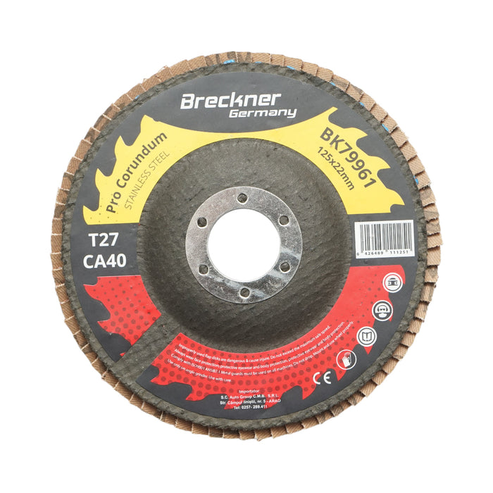 Disco lamellare abrasivo al corindone T27 CA40, 125x22mm per levigatura/lucidatura di acciaio inossidabile e metallo Breckner Germany