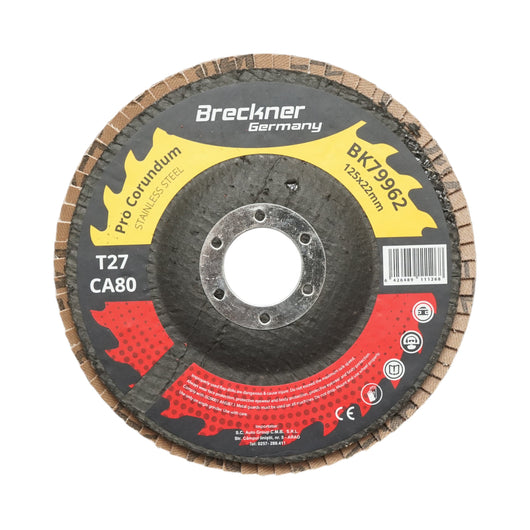 Disco lamellare abrasivo al corindone T27 CA80, 125x22mm per levigatura/lucidatura di acciaio inossidabile e metallo Breckner Germany