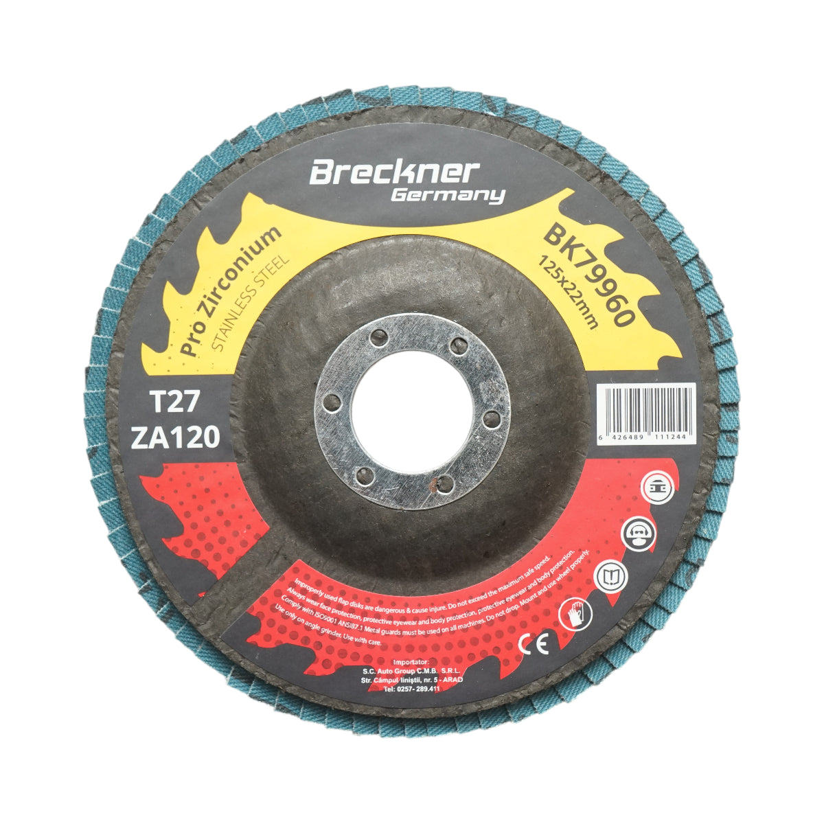 Disco lamellare abrasivo in zirconia T27 ZA120, 125x22mm per levigatura/lucidatura di metalli e acciaio inossidabile Breckner Germany