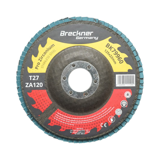 Disco lamellare abrasivo in zirconia T27 ZA120, 125x22mm per levigatura/lucidatura di metalli e acciaio inossidabile Breckner Germany