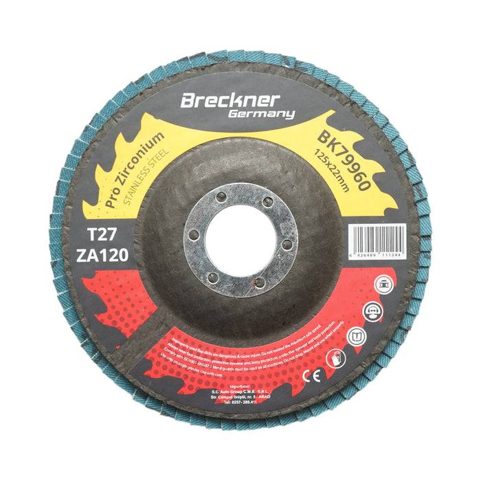Disco lamellare abrasivo in zirconia T27 ZA120, 125x22mm per levigatura/lucidatura di metalli e acciaio inossidabile Breckner Germany