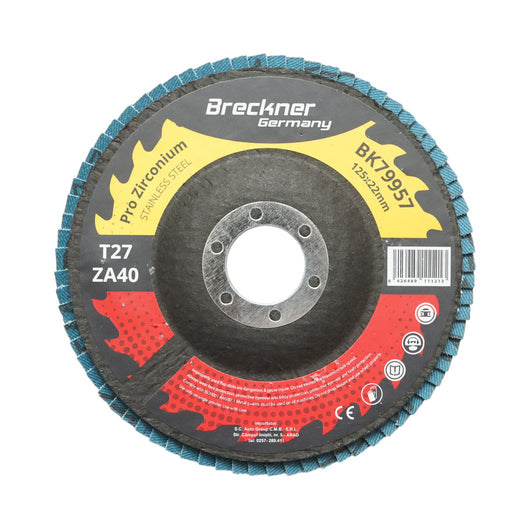 Disco lamellare abrasivo in zirconia T27 ZA40, 125x22mm per levigatura/lucidatura di metalli e acciaio inossidabile Breckner Germany