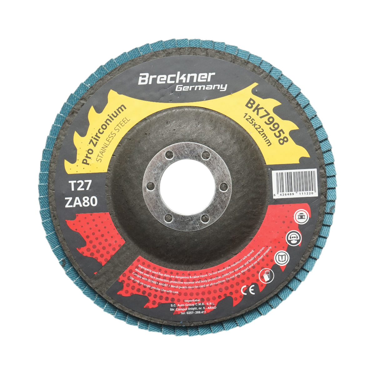 Disco lamellare abrasivo in zirconia T27 ZA80, 125x22mm per levigatura/lucidatura di metalli e acciaio inossidabile Breckner Germany