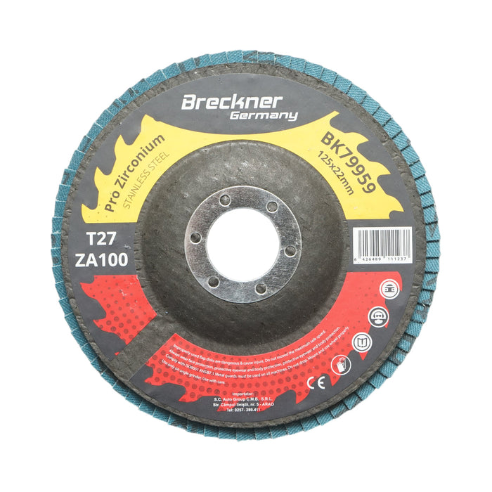 Disco lamellare in zirconia T27 ZA100, 125x22mm per levigatura/lucidatura di metalli e acciaio inossidabile Breckner Germany