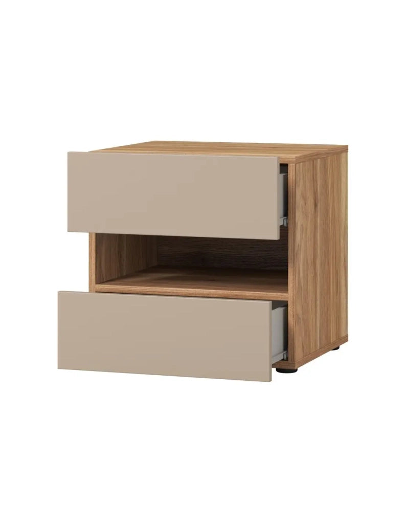 Comodino VOX con 2 cassetti e uno scomparto, colore quercia e beige