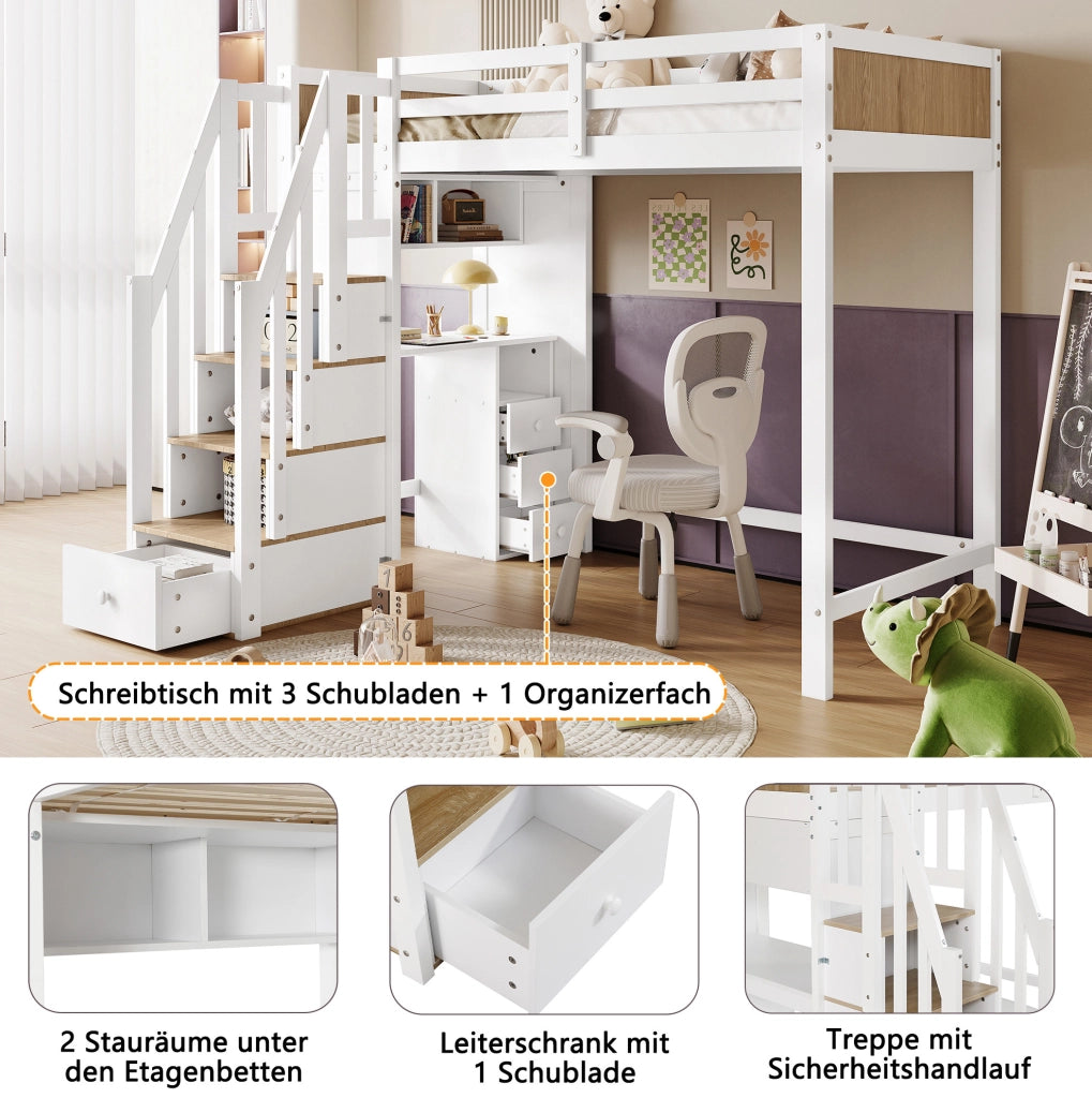 Letto a castello per bambini 90x200 cm con scrivania; scala contenitore e 3 cassetti; bianco/naturale