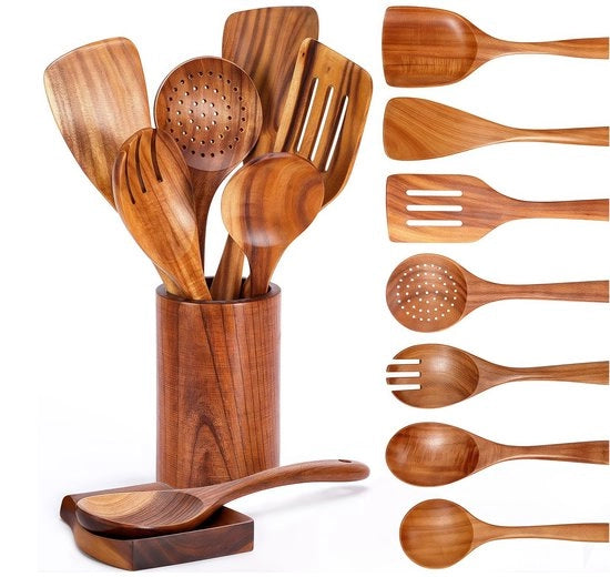 Set di Cucina in Legno - 9 Pezzi - Resistente a Temperature Elevate - con Appoggio Cucchiaio - Cucchiai da Cucina Comodi e Appoggio per Accessori da Cucina