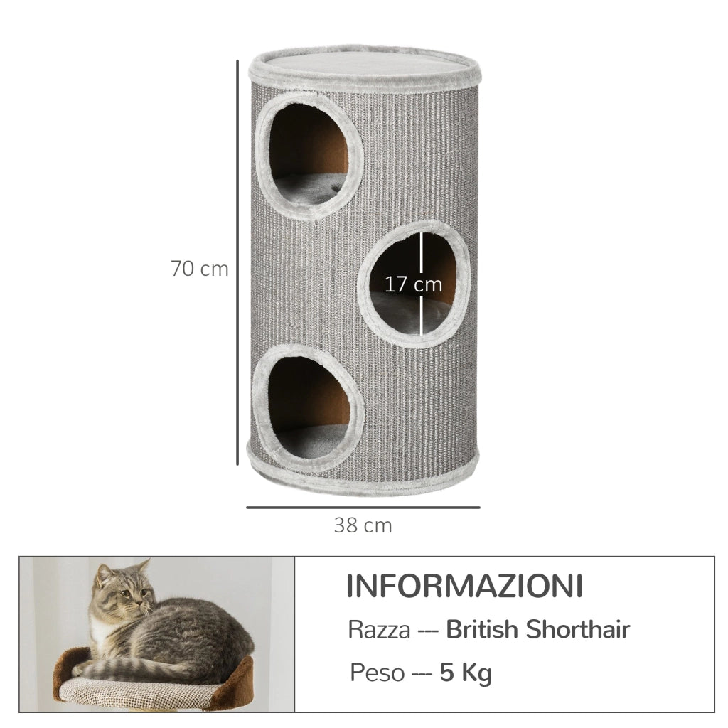 Cuccia per Gatti Tiragraffi 3 Ripiani Ø38x70 cm in Sisal e Peluche Grigio Chiaro
