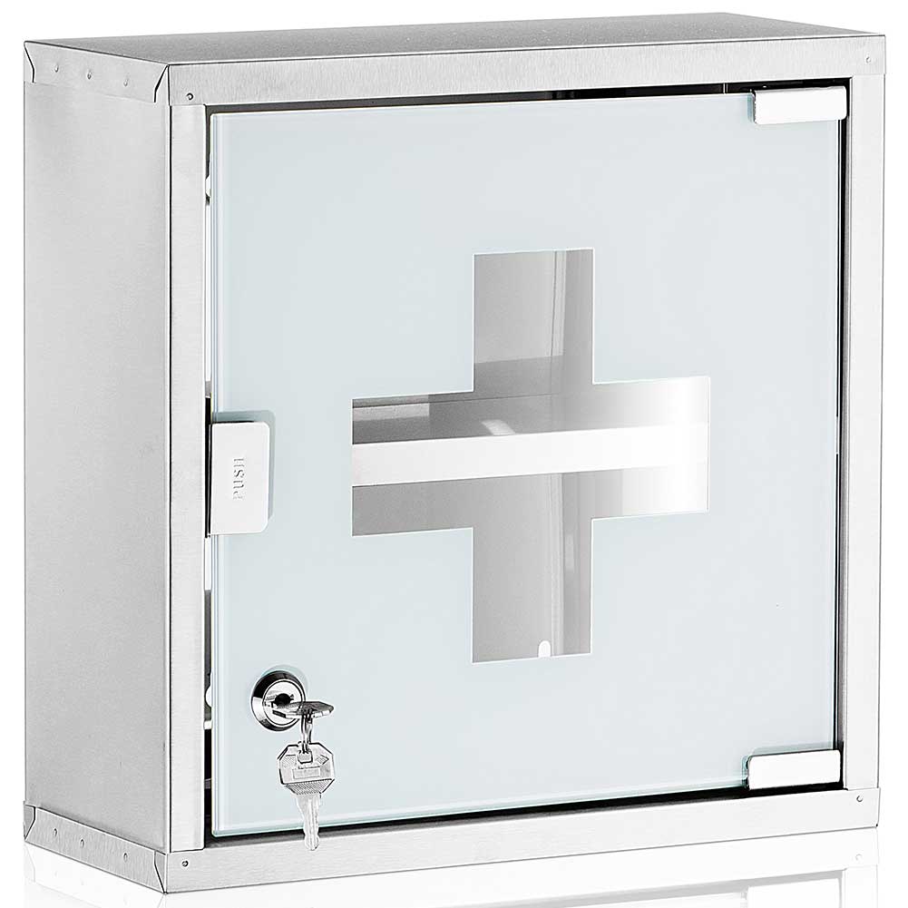 Armadietto Armadio Porta Medicinali Acciaio Inox Vetro Satinato 30x30x12 cm