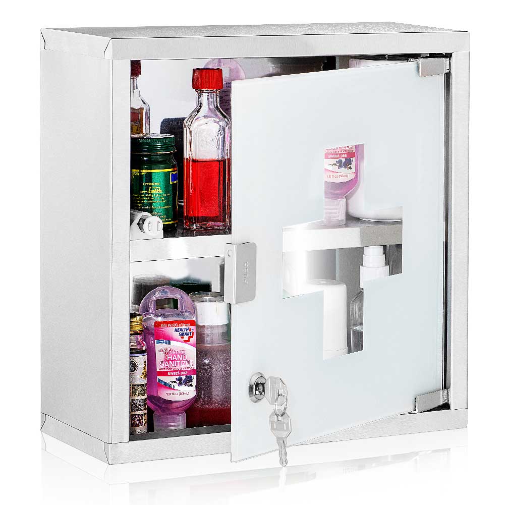 Armadietto Armadio Porta Medicinali Acciaio Inox Vetro Satinato 30x30x12 cm