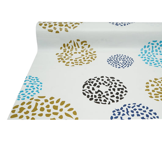 Rotolo tovaglia decorativa in PVC – modello cerchi multicolore Materiale: PVC con supporto tessile (45 g/m²)  Dimensioni rotolo: 1,37 × 20 m Breckner Germany