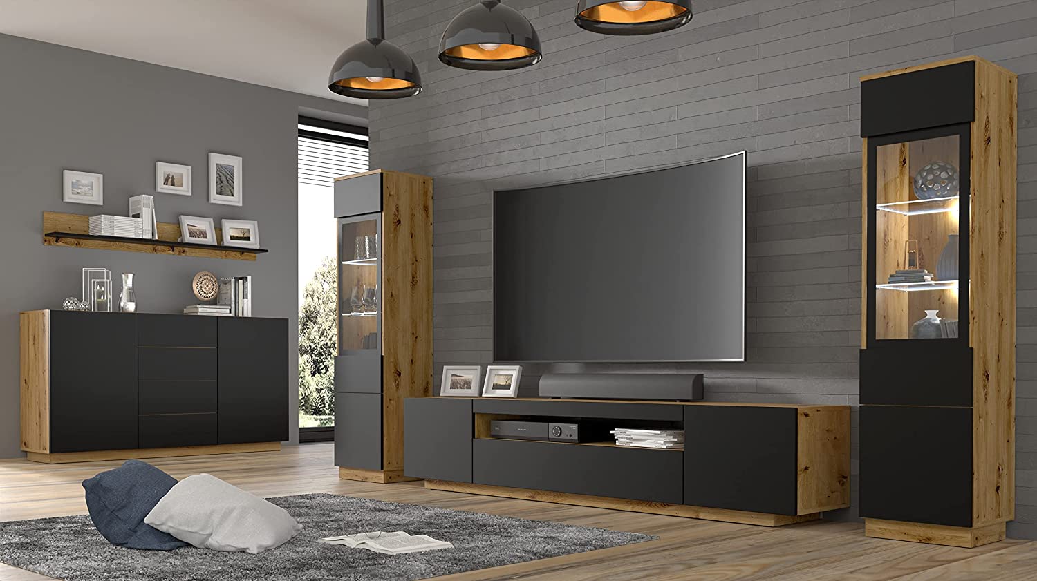 MOBILE COLONNA CREDENZA VETRINA SOGGIORNO AURA 37x33x144 ROVERE NERO OPACO
