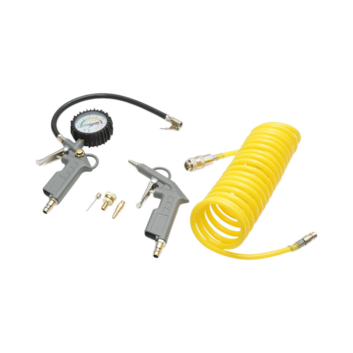 Set di aria compressa da 6 pezzi con tubo a spirale da 5 m, pistola gonfiatrice, soffiatore d'aria, ago per sfere e adattatori