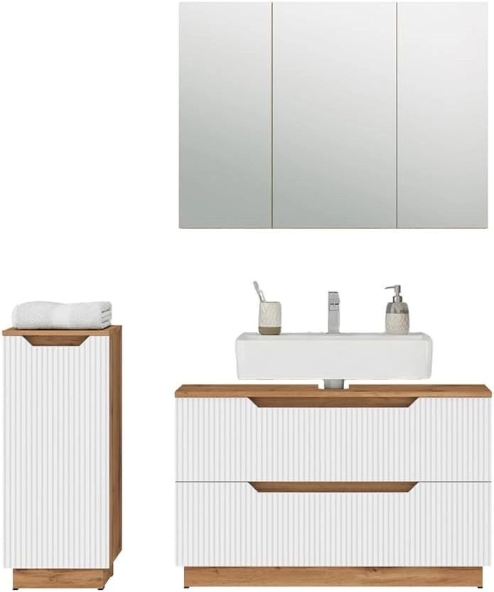 Set di mobili da bagno Lotta, Rovere/bianco a strisce, 3 parti