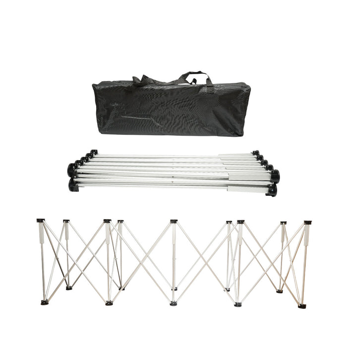 Tavolo da lavoro pieghevole a fisarmonica con 10 gambe, struttura in alluminio 226x61x72cm