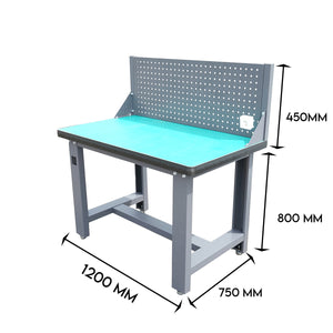 Tavolo, banco da lavoro da officina con presa 220V e pannello forato 1200x750x800+450mm