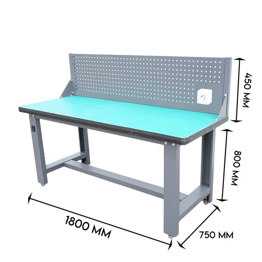 Tavolo, banco da lavoro da officina con presa 220V e pannello forato 1800x750x800+450mm
