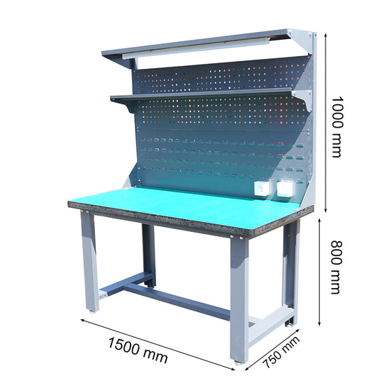 Tavolo, banco da lavoro da officina con presa 220V, pannello forato e illuminazione a LED 1500x750x800+1000mm