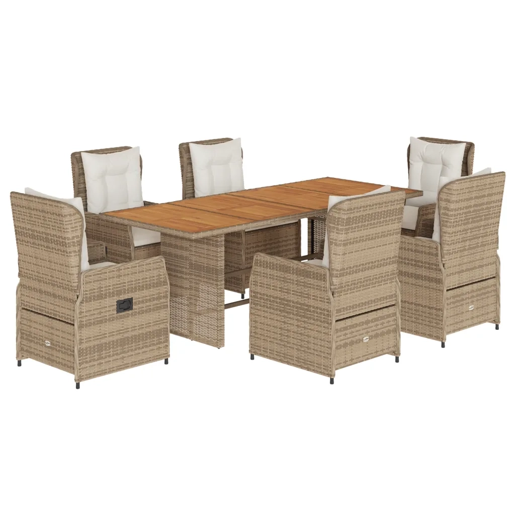 Set da Pranzo da Giardino 7 pz con Cuscini Beige in Polyrattan