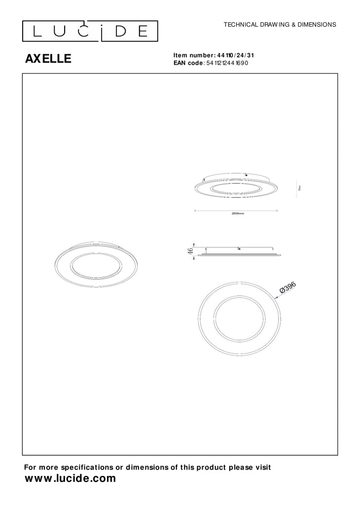 Plafoniera LED rotonda 39,6cm 24W bianca Lucide Axelle