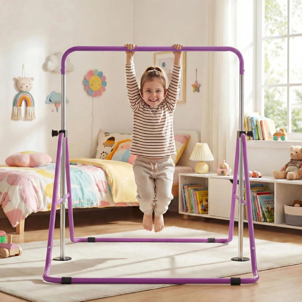KOMFOTTEU Barra da ginnastica pieghevole per bambini, barra orizzontale con altezza regolabile in 5 livelli da 90 a 130 cm, carico di 70 kg, attrezzatura portatile per allenamento per interni esterni