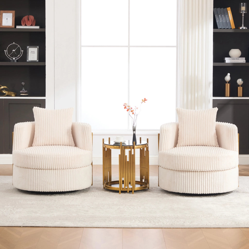 Poltrona girevole 360° in tessuto cord beige con vano contenitore; 76x79x78 cm