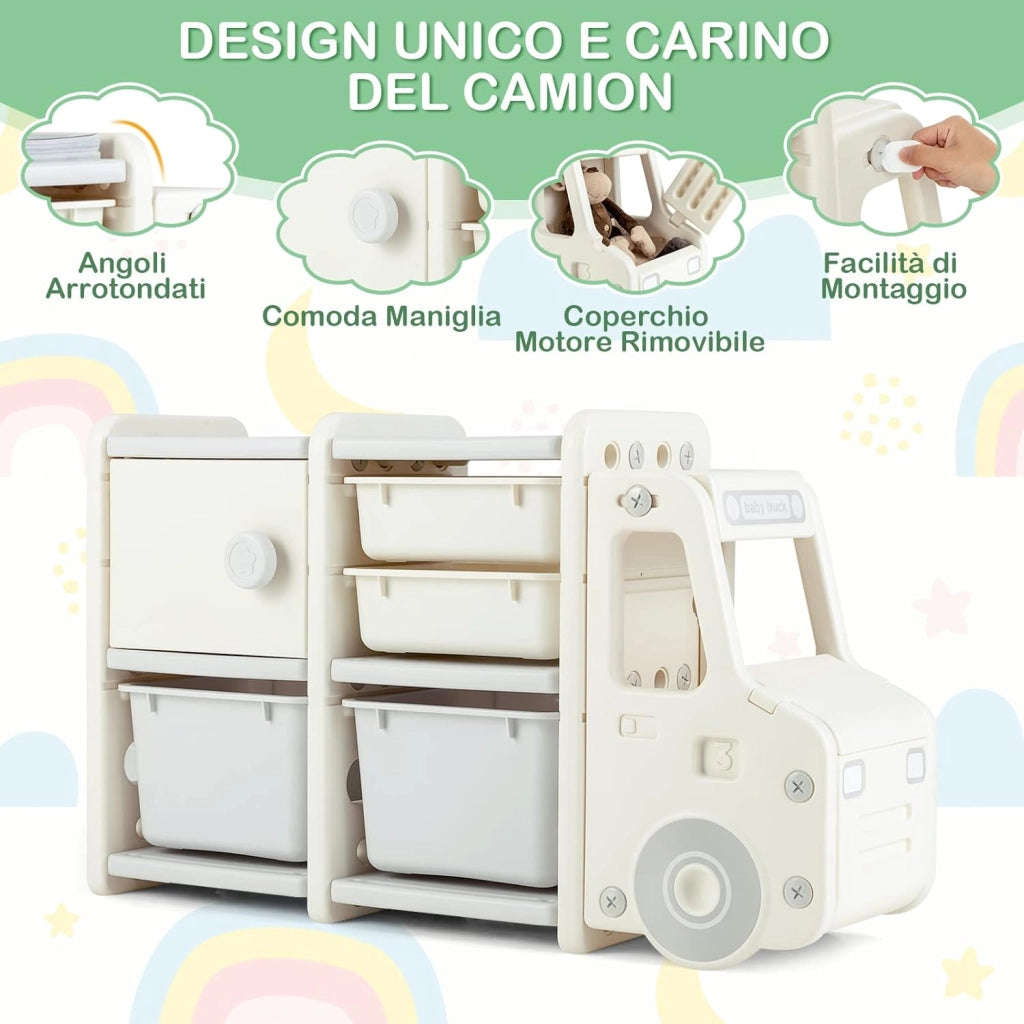 Organizer per Giocattoli con Scatole per Bambini, Scaffale Multilivello a Forma di Camion, Scaffale per Giocattoli con 2 Livelli e 4 Scompartimenti per Bambini (Grigio)