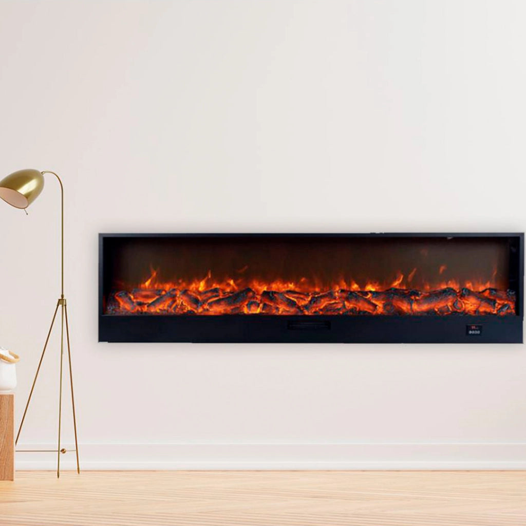 SINED Caminetto Elettrico Nero Acciaio Effetto Fiamma LED Regolabile 6 Livelli Potenza 750-1500W Comandi Manuali e Telecomando Incasso o Appoggio Lunghezza 2 Metri Modello CAMINETTO-VESUVIO-200