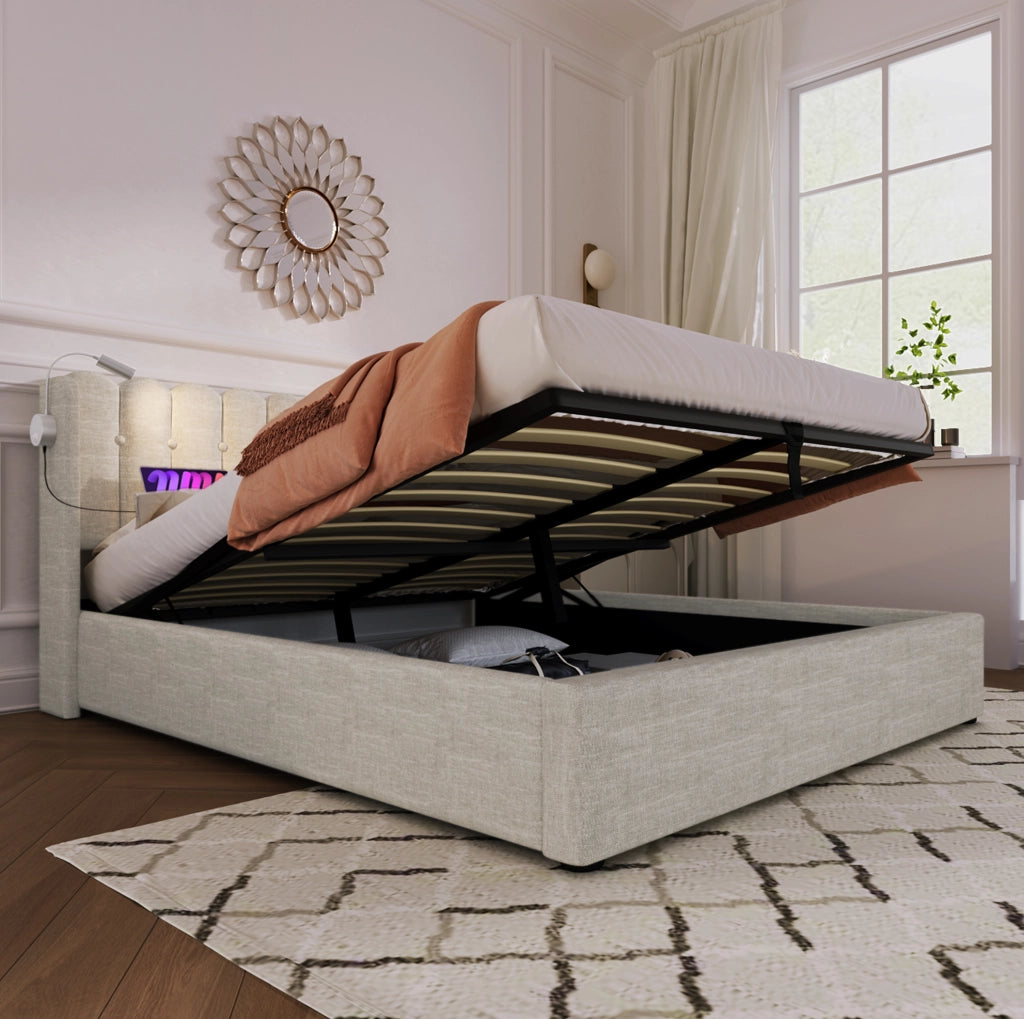 Letto matrimoniale contenitore 160x200 cm in lino beige con USB; luce da lettura e materasso incluso