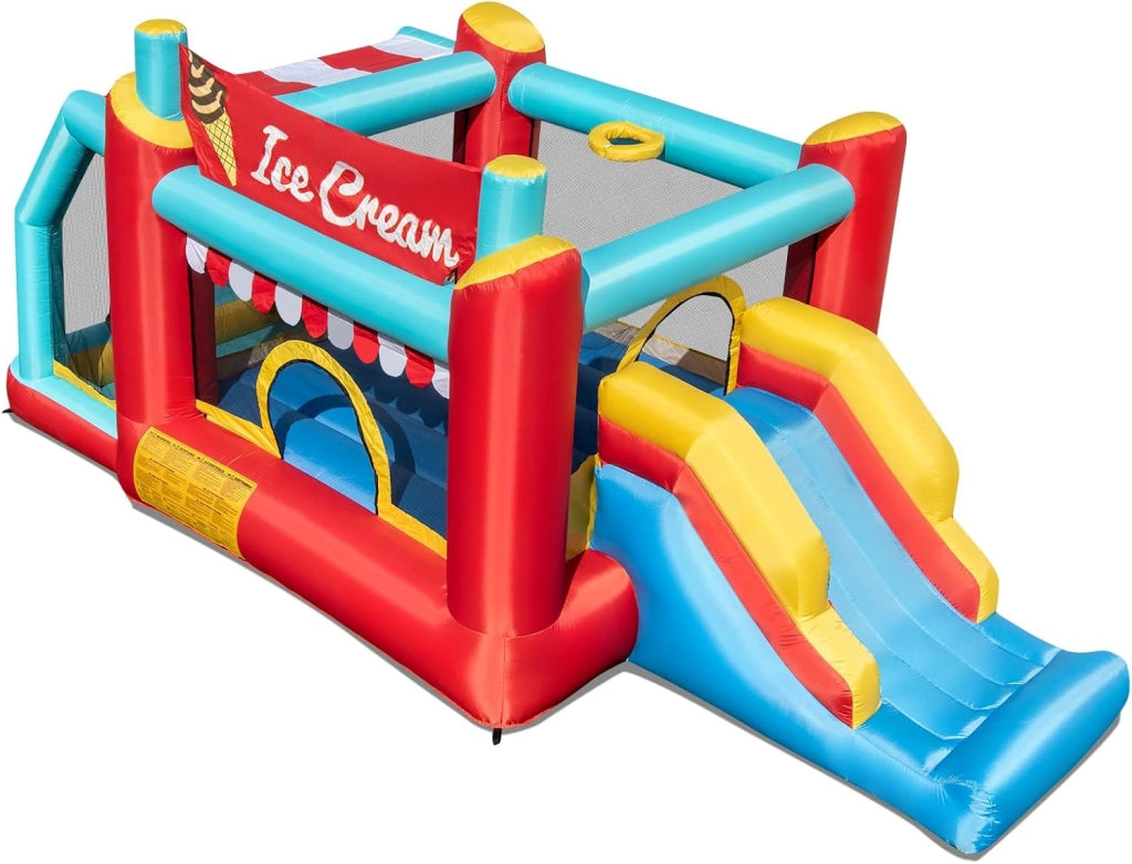 Castello Gonfiabile 5 in 1 per Bambini di Tema Gelato, Castello Gonfiabile con Scivolo, Canestro, Trampolino e Vasca, Gioco Gonfiabile con Anelli e Palline per Interno ed Esterno