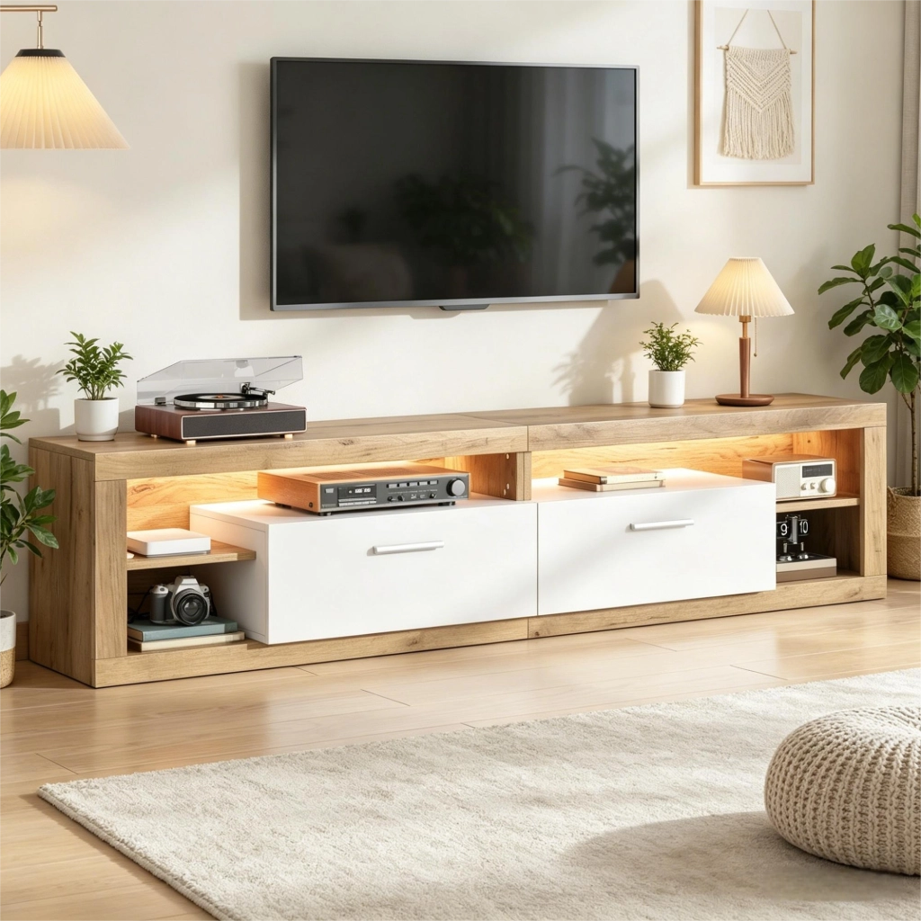 TV-Schrank 180x35,5x50 cm con LED controllati da app, 2 cassetti, 4 vani aperti, portata 30 kg, colore naturale e bianco