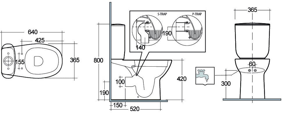 Vaso monoblocco filo muro rimless morning con scarico universale