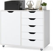 Mobiletto con 5 Cassetti e Anta, Cassettiera per Documenti con 5 Ruote e Ripiano Regolabile, per Soggiorno, Ufficio e Cucina, 79 x 40 x 65 cm (Bianco)