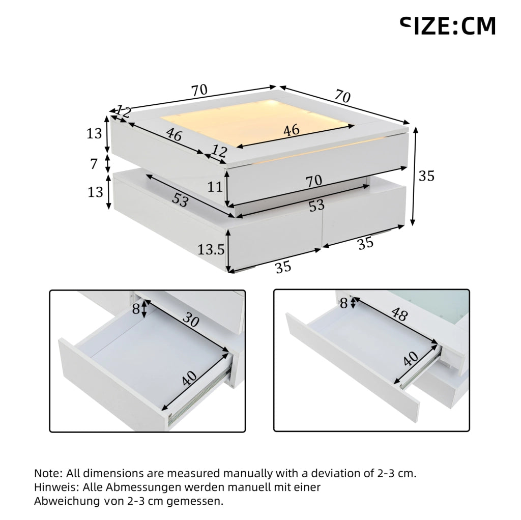 Tavolino da caffè 70x70x35 cm con illuminazione LED; 3 cassetti; vetro e pannello truciolare bianco