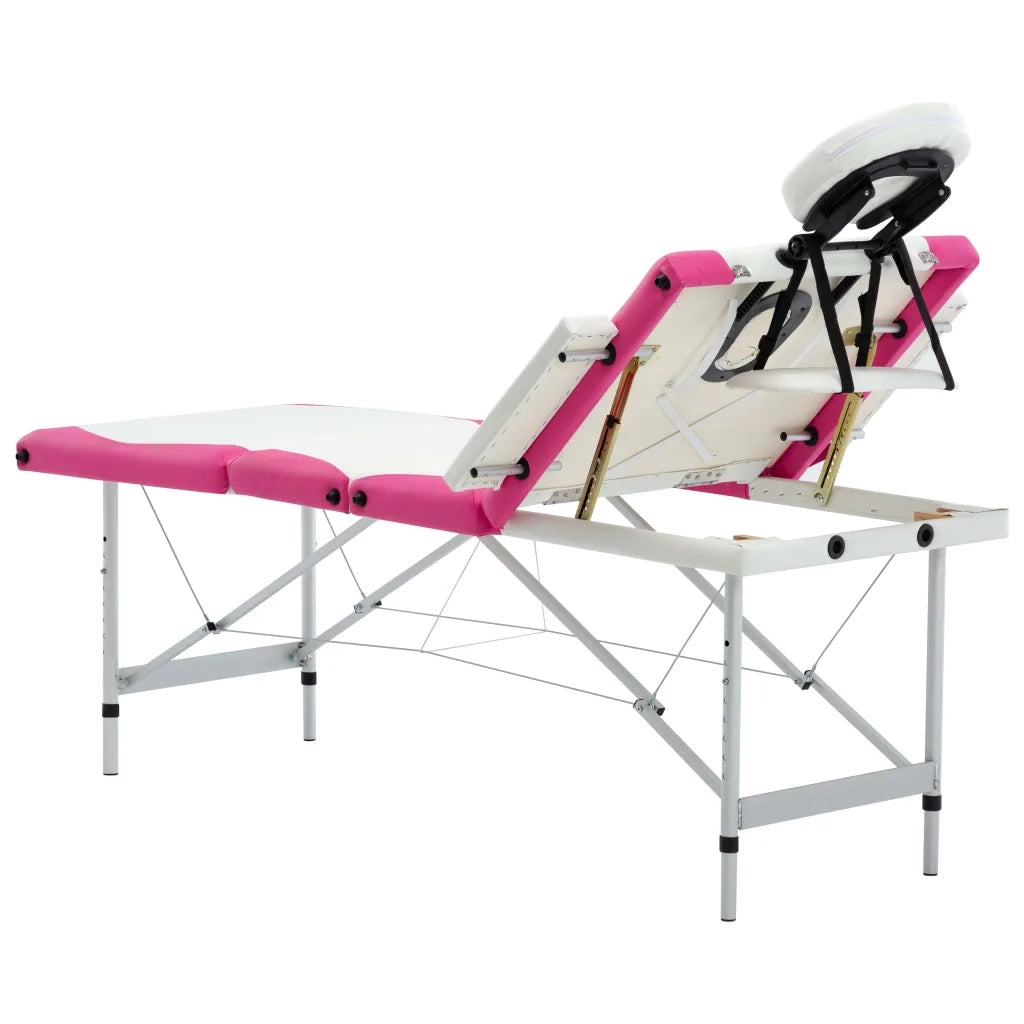 Lettino da Massaggio a 4 Sezioni in Alluminio Bianco e Rosa