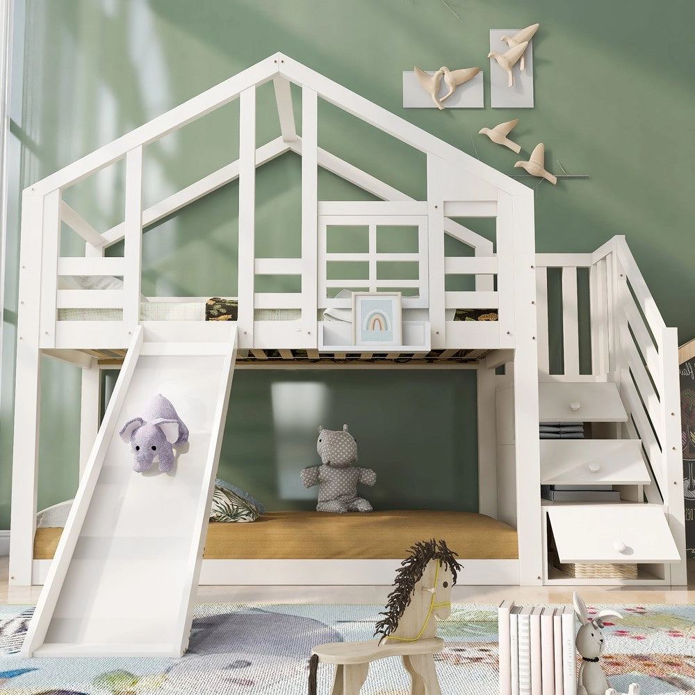 Letto a Castello Baumhaus per Bambini con Scivolo ¨C Xylo ¨C Bianco 90x200, 2 Reti a Doghe