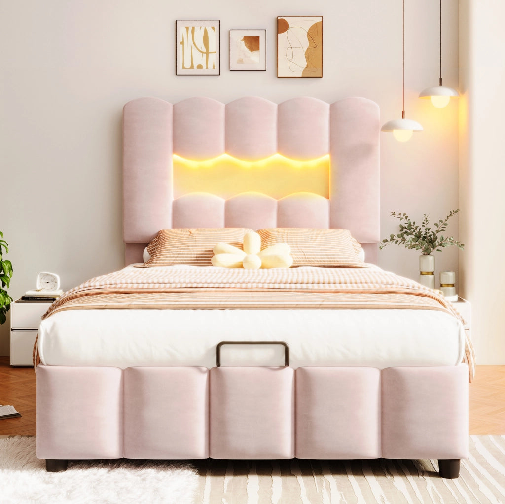 Letto imbottito 90x200 cm con contenitore idraulico; LED e testiera regolabile in velluto rosa