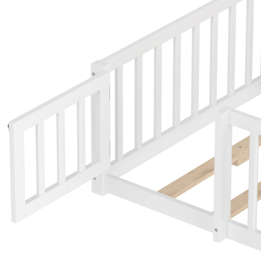 Letto per bambini 90x190 cm; casetta con sponda di sicurezza; legno e MDF; bianco (Senza materasso)