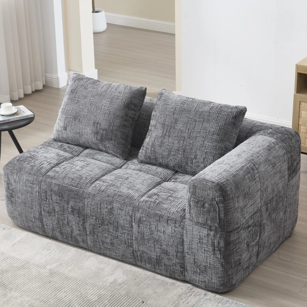Divano con chaise longue in chenille grigio; 158x90x60 cm; con tasche laterali e cuscino