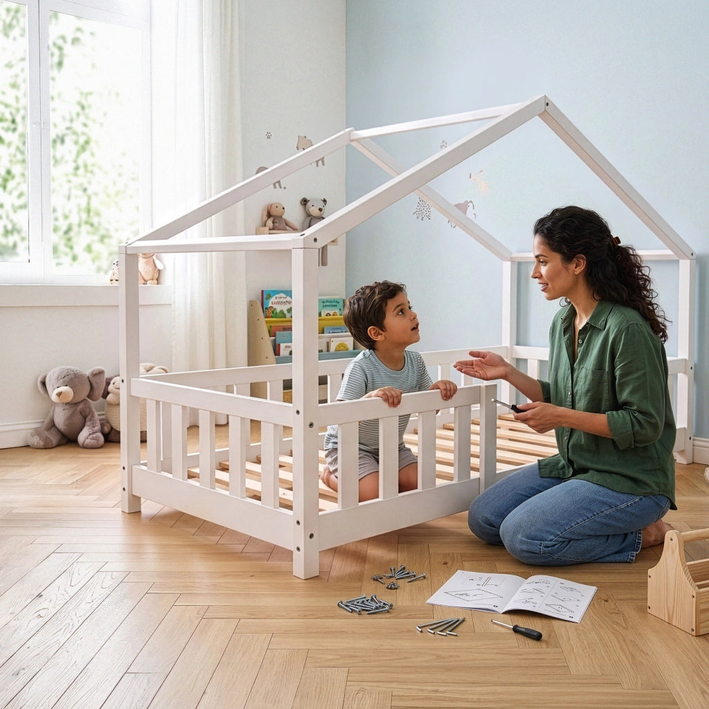 Letto per Cameretta Treviolo a Forma di Casetta in Stile Montessori con Materasso 80x160 cm - Bianco [en.casa]